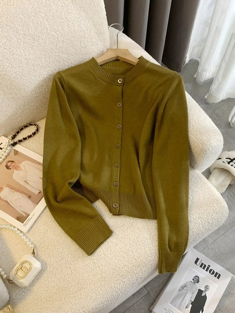 Pydshop Fashion Knitted Sweater Cardigan Casual Top For Women O Neck Solid Color SlimLong Sleeve Female 2024 Autumn Chic Cardigan