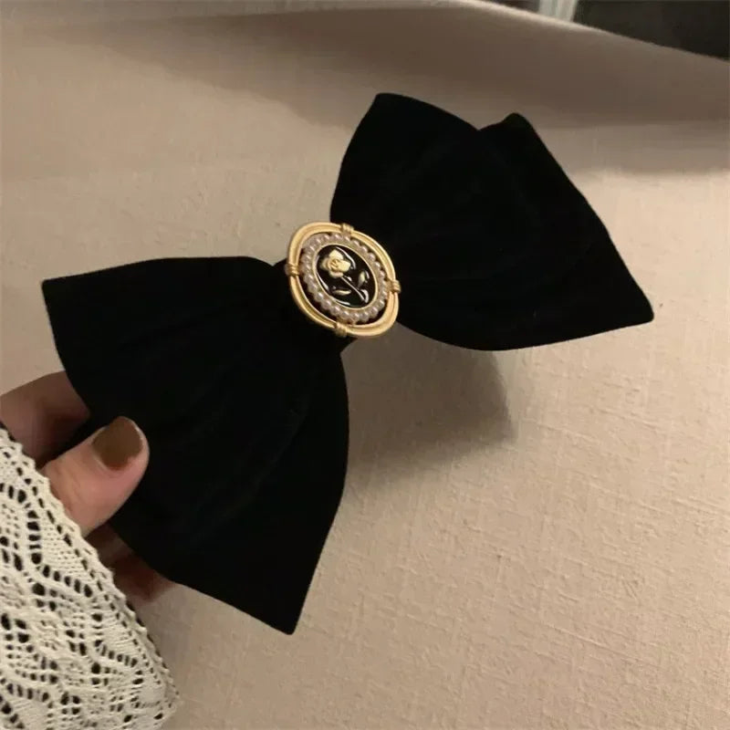 Pydshop Black Velvet Rose Bow Hair Clip Retro French Top Clip Small Fragrance Grab Hair Accessory