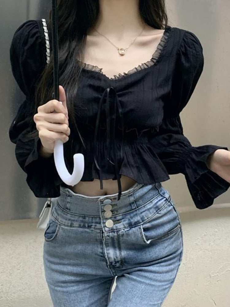 Pydshop French Style Chiffon Blouse Women Spring Summer Puff Sleeve Lace Up Ruffles Shirts Elegant Korean Fashion Preppy Style Sweet Top