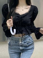 Pydshop French Style Chiffon Blouse Women Spring Summer Puff Sleeve Lace Up Ruffles Shirts Elegant Korean Fashion Preppy Style Sweet Top