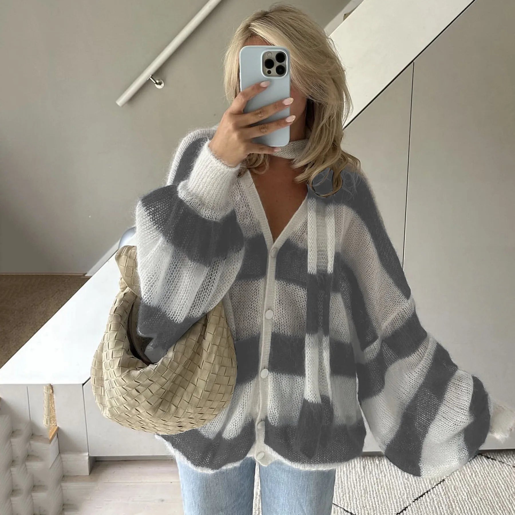 Pydshop Fashion Striped Sweater Cardigan With Scarf Female Loose Thin Hollow Knitted Top Lantern Sleeve Contrast Color Retro Top