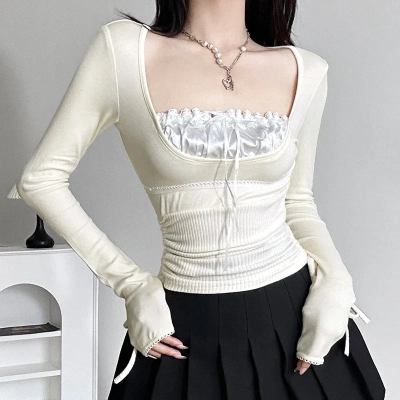 Pydshop 2024 Fashion Woman tops y2k style Sweet Bow Patched Long Sleeve Top