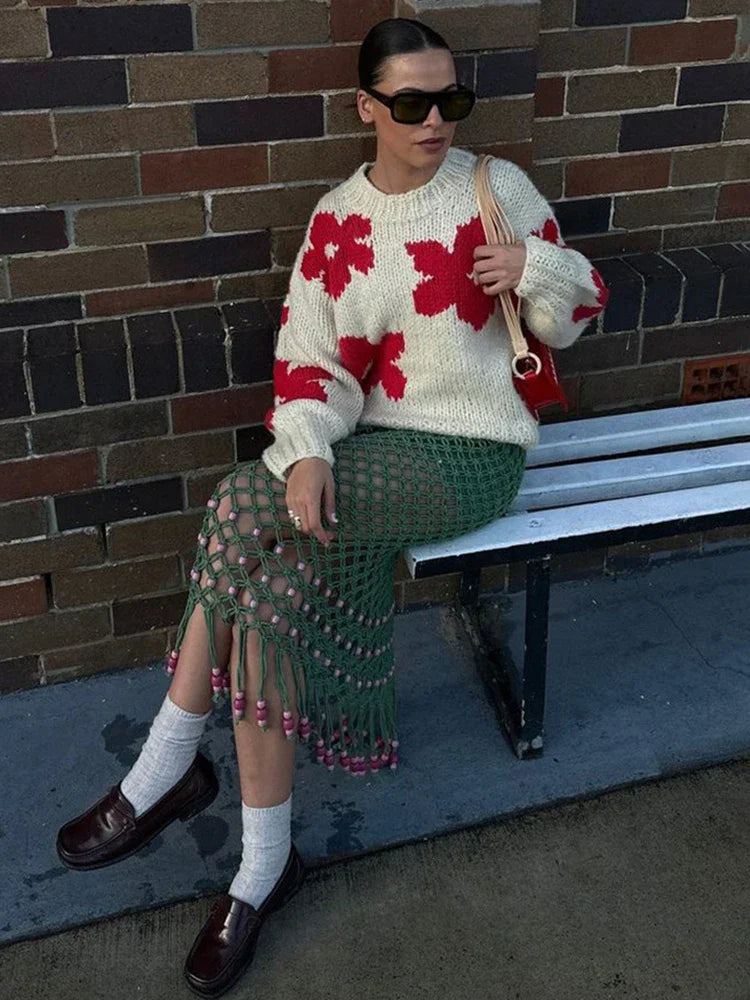 Pydshop Crochet Embroidered Sweater For Women 2024 Autumn Winter Fashion Loose Long Sleeve Knitted Pullover Top Female Casual