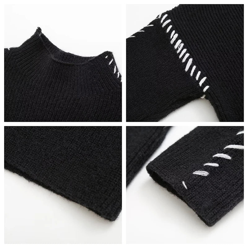 Pydshop Contrast Patchwork Topstitch Sweater Female Pullovers 2024 Autumn Round Collar Warm Knitted Top Chic Long Sleeve Loose