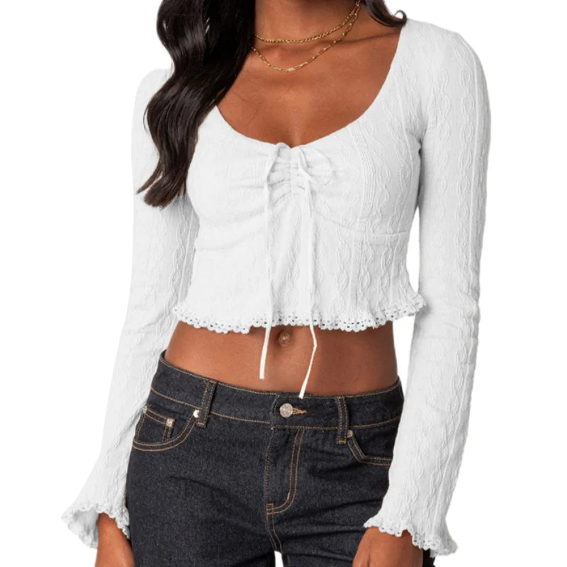 Pydshop Chic Jacquard Vintage Crop Top Autumn Long Sleeve Tee Shirts Female V Neck Tie UP Bow T shirts Y2K Lace Hem Shirts Clothing