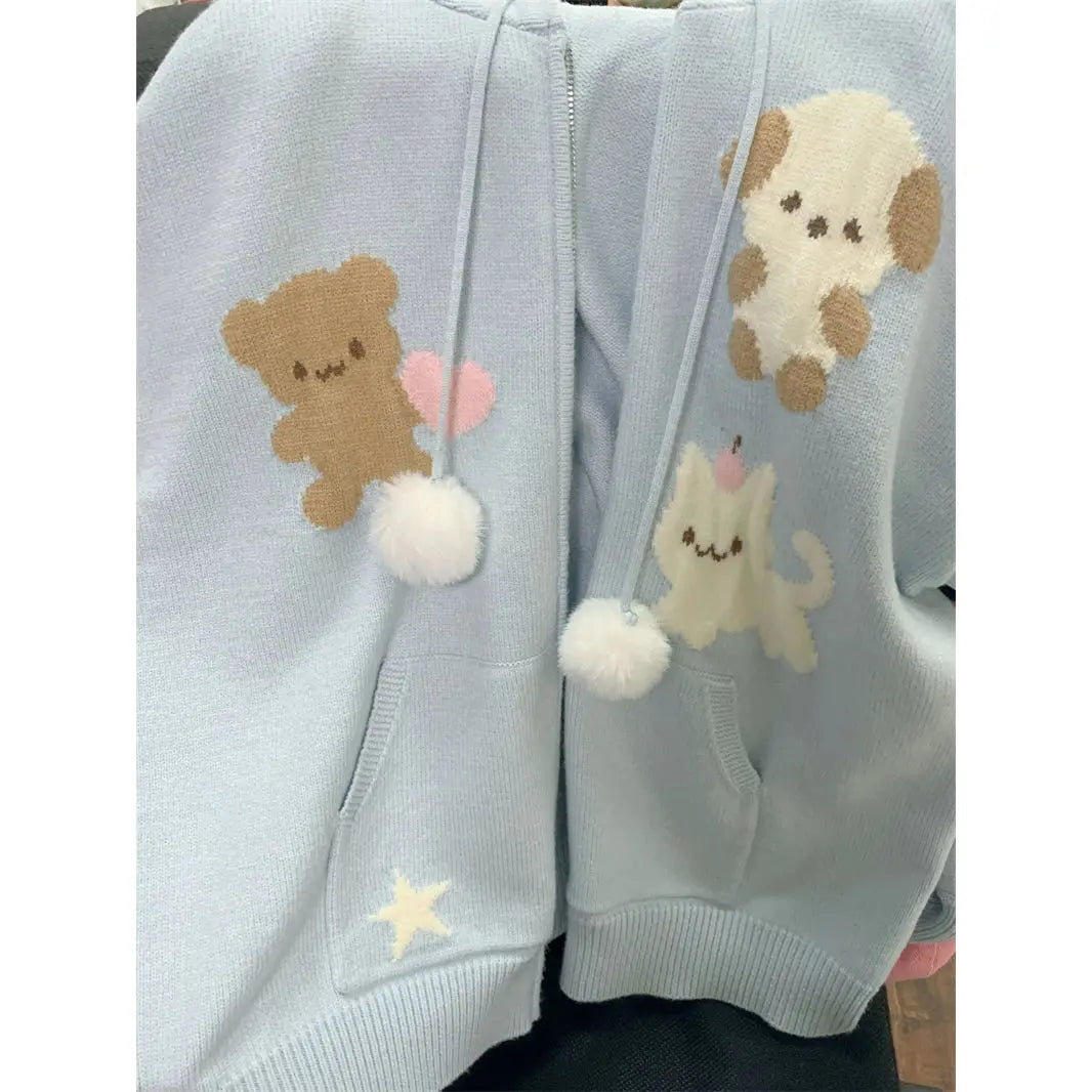 Pydshop  -  Jacquard Hooded Sweater Versatile Knitted Sweater Kawaii Cardigan Women Korean Fashion Long Sleeve Tops Y2k Clothes