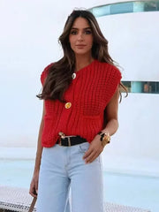 Pydshop Fashion Sleeveless Knitted Cardigan Vests For Women Autumn New Short Sweater Button With Pockets Solid Color Knitted Top