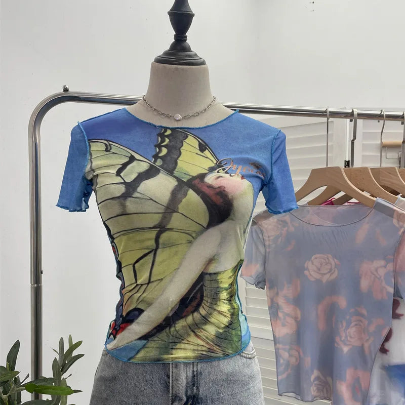 Pydshop Women's 2024 Retro Thin Mesh Butterfly Print Slim Short Sleeve T-Shirt Women's Summer Short Hot Girl Top Holiday Mini Summer Tee