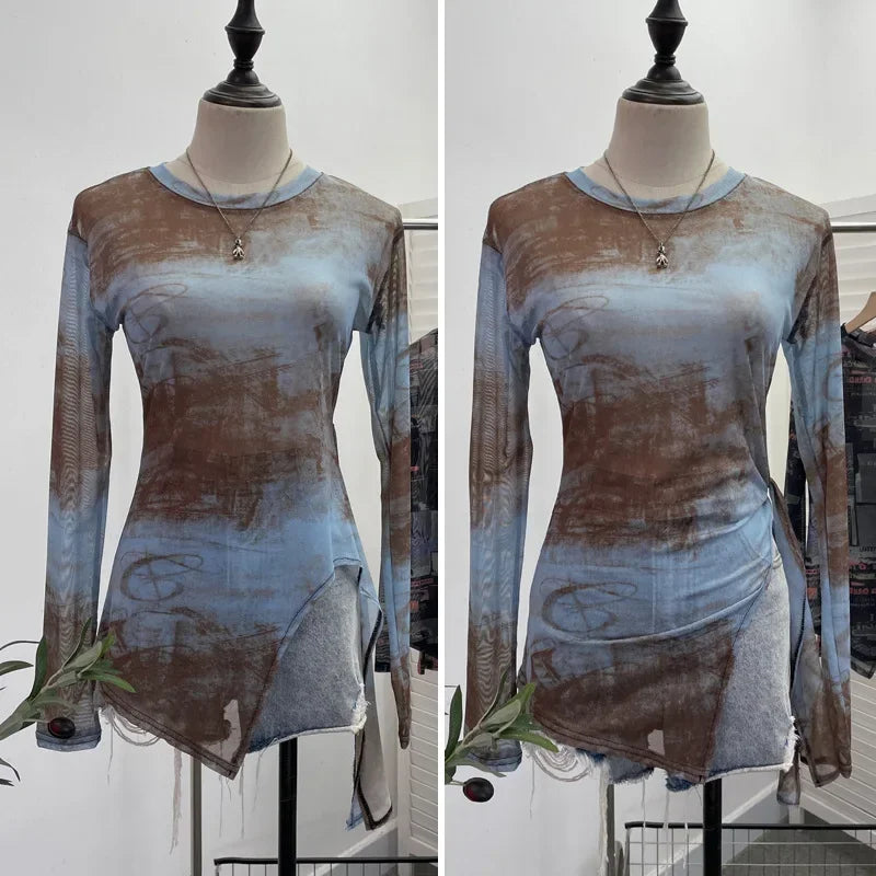 Pydshop Women's Retro Tie Dye Printed Mesh Bottoming Long Sleeve Top Sexy See-through Irregular Strappy Short T-Shirt Party Streetwear