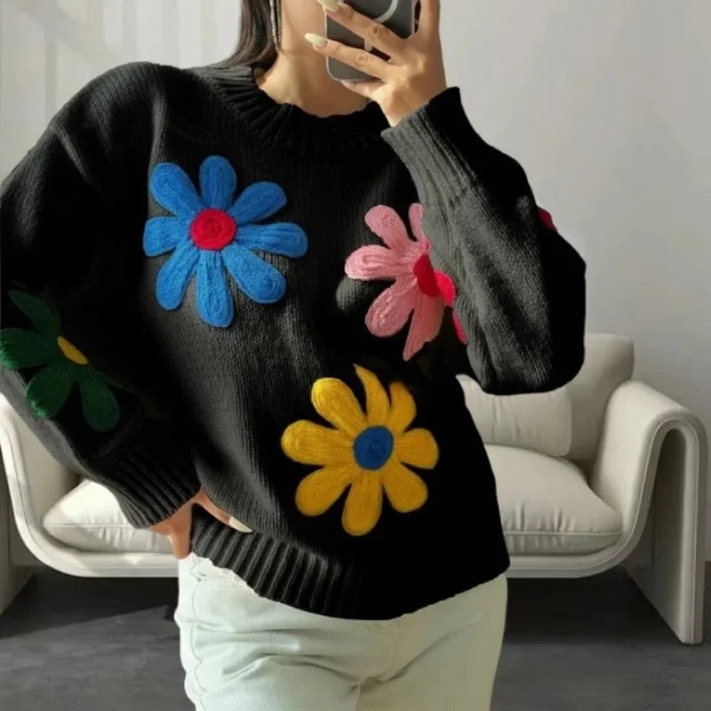 Pydshop Crochet Flower Pullover Knitted Sweater Women's Fashion Loose Lantern Long Sleeve Embroidery Knit Top Streetwear Fashion
