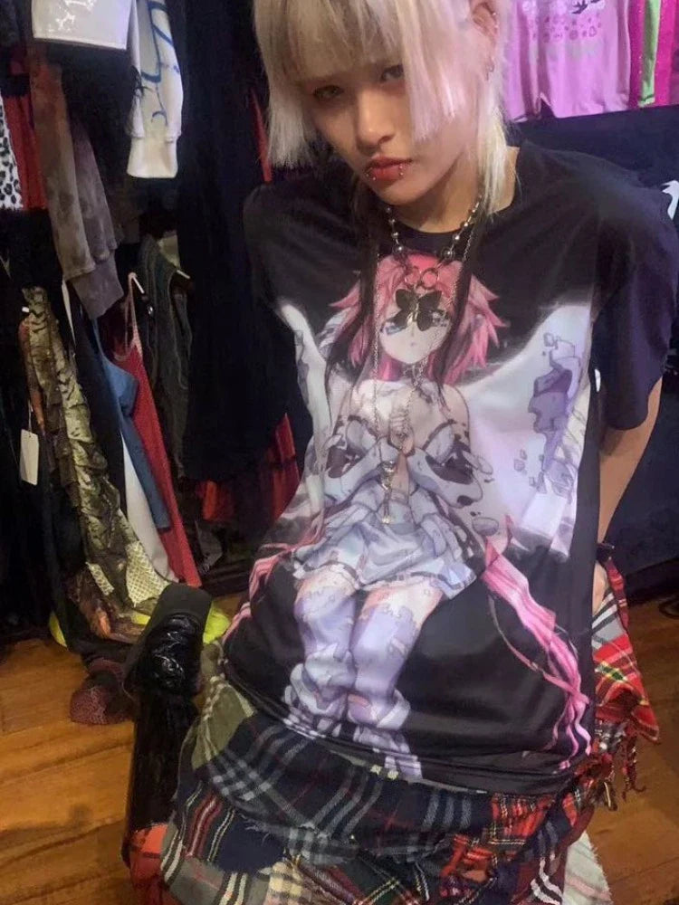 Pydshop Harajuku Anime Cartoon Print O-neck T-shirts 2024 Sumemr New Loose Unisex Tee Shirt Y2k Grunge Short Sleeve Tops Women