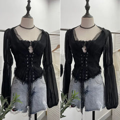 Pydshop Women Retro Lace Up Hollow Out Long Sleeve Top Sexy Slim Fitting Tie Waist Fishbone Shirt Y2K Palace Style Partyclub Streetwear