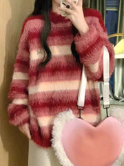 Pydshop Vintage Red Striped Gradient Mohair Lazy Sweater Autumn Winter New Knitted Pullover Y2k O-neck Long Sleeve Loose Tops Mujer