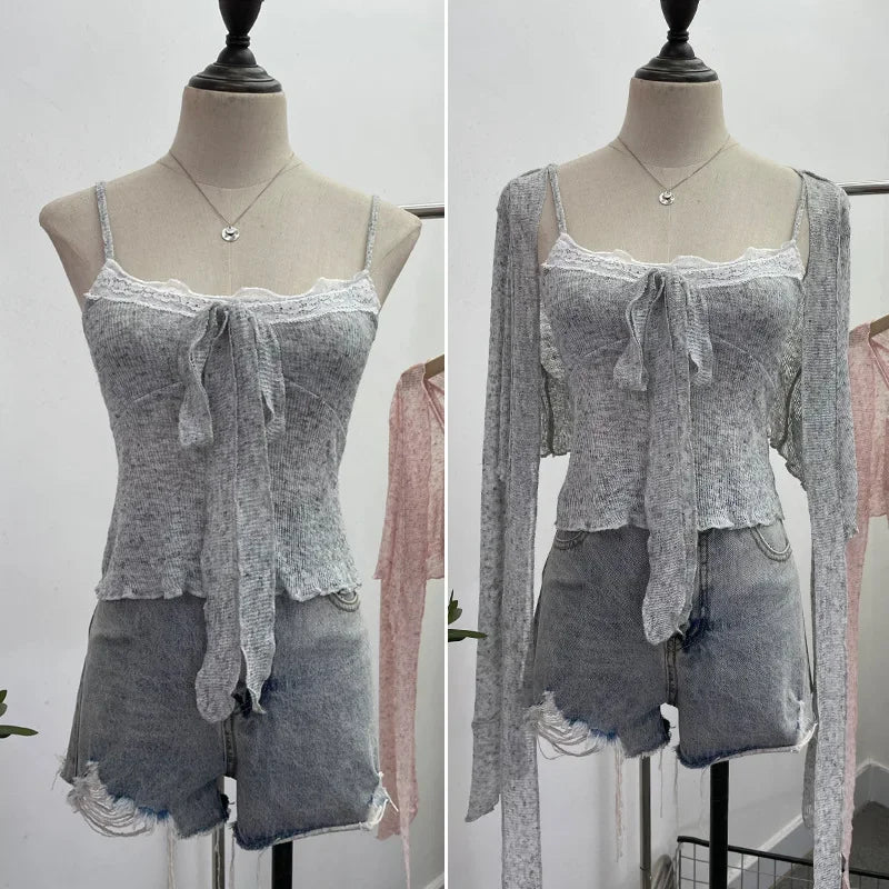 Pydshop Ladies Hottie Lace Bow Lace Up Camisole Short Irregular Streamer Long Sleeve Cardigan Top Knitted Two-Piece Set Y2K Sweety Top