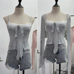 Pydshop Ladies Hottie Lace Bow Lace Up Camisole Short Irregular Streamer Long Sleeve Cardigan Top Knitted Two-Piece Set Y2K Sweety Top