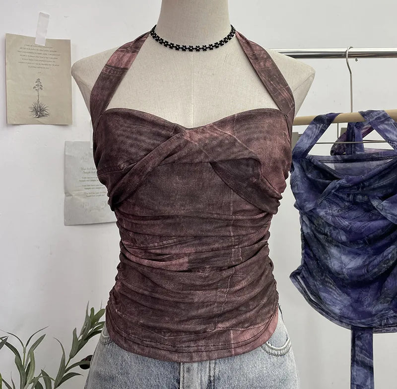 Pydshop Tie Dye Denim Print Pleated Mesh Camisole Women's Halter Tie Bow Halter Crop Top Cute Party Sweats Holiday Mini Vest Summer Tee