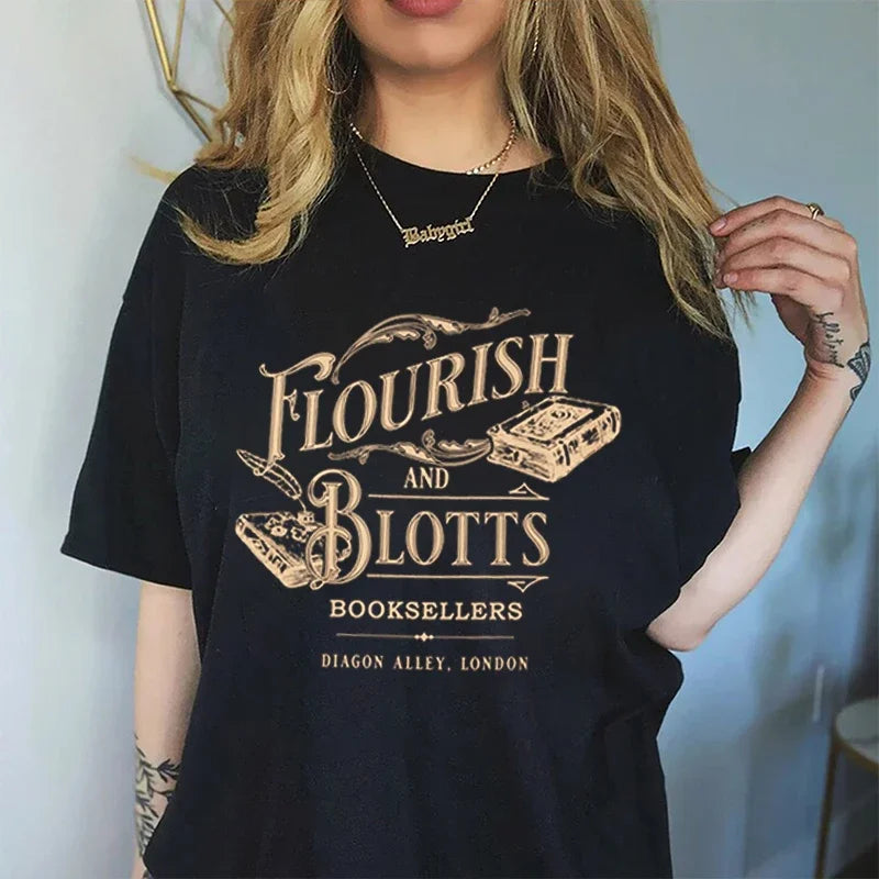 Pydshop Flourish And Blotts Tshirt 100% Cotton Washed Distressed Top Dark College T Shirt Subtle Bookish Merch Y2K Top