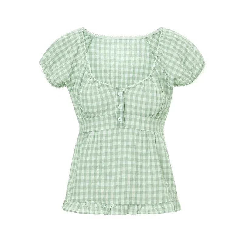 Pydshop Gingham Crop Top Women Fairy Grunge Lace Trim Short Sleeve Shirt Y2k Aesthetic Square Neck T-Shirt 90s Vintage Shirt Streetwear
