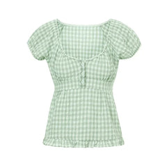 Pydshop Gingham Crop Top Women Fairy Grunge Lace Trim Short Sleeve Shirt Y2k Aesthetic Square Neck T-Shirt 90s Vintage Shirt Streetwear