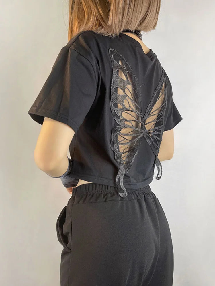 Pydshop Harajuku Lace Butterfly Crop Tshirts Women Vintage Streetwear Sexy Black Mesh Tops Aesthetic Hollow Grunge Tees Summer