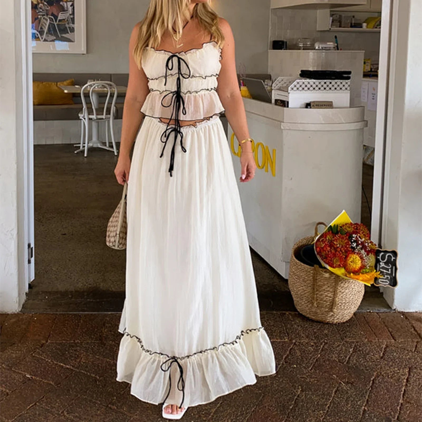 Pydshop Fairy Vintage Outfits Streetwear Elegant Holiday 2 Piece Ruffles Front Tie Up Crop Top Camis + High Waist A-line Maxi Long Skirt