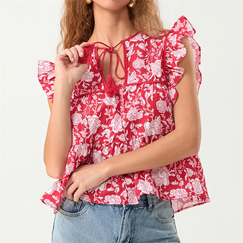 Pydshop Women Boho Tie Front Peplum Top Stripe Floral Print Flowy Fringe Sleeve Ruffle Crop Top Babydoll Blouse Tee Shirt Party Clubwear