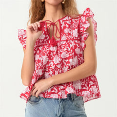 Pydshop Women Boho Tie Front Peplum Top Stripe Floral Print Flowy Fringe Sleeve Ruffle Crop Top Babydoll Blouse Tee Shirt Party Clubwear