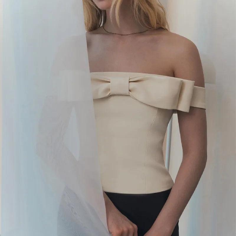 Pydshop Apricot Open-Shoulder Bow Lace Up Top