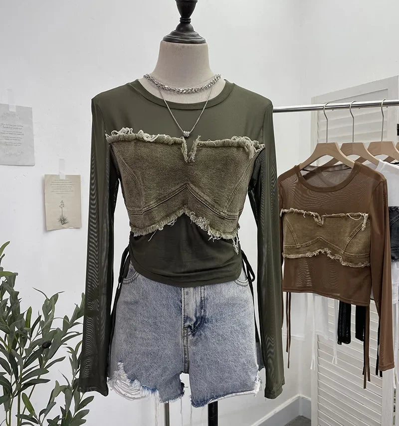 Pydshop Hot Girl American Retro Denim Mesh Patchwork Top Sexy See Through Drawstring Long Sleeve Short T-shirt Party Casual Streetwear