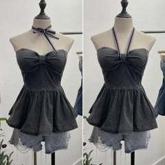 Pydshop Women's Button Down Padded Denim Tube Top With Bow Tie Halterneck Short Puffy Top BacklesVintage Harajuku Streetwear Tank Tops