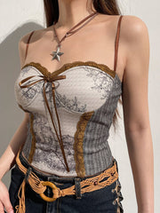 Pydshop Brown Lace Patchwork Slim Sleeveless Top
