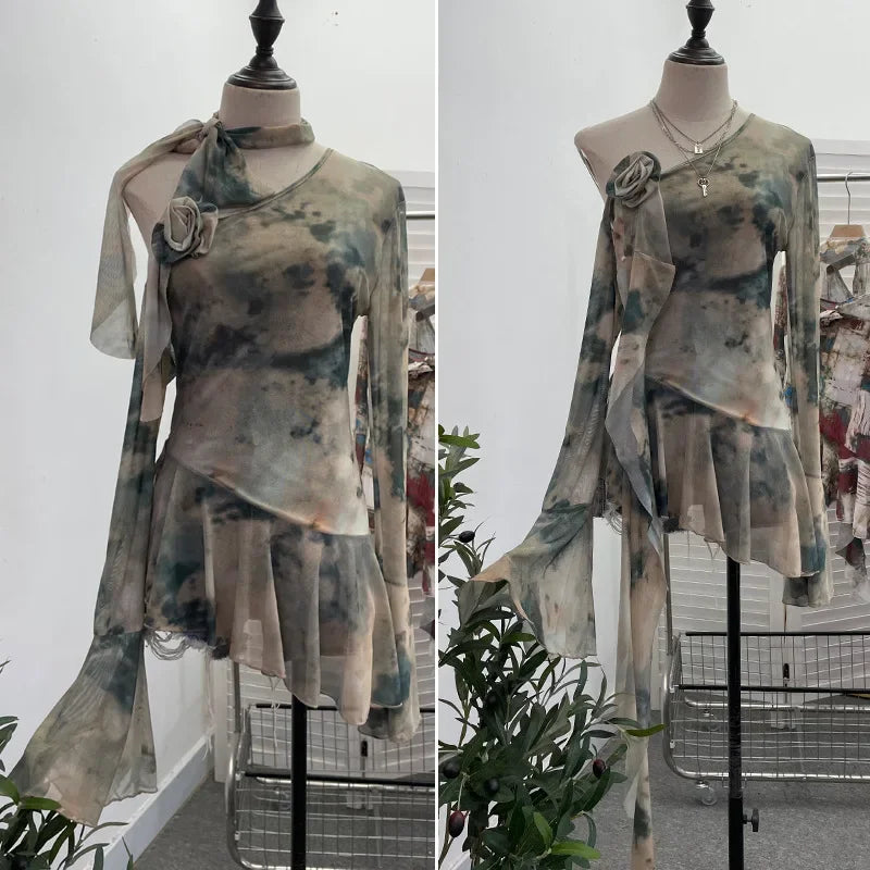 Pydshop Hot Girl Retro Off-Shoulder Flare Long Sleeve Top For Women Scarf Streamer Flower Ruffle Slim Sexy Mesh Irregular top Clubwear
