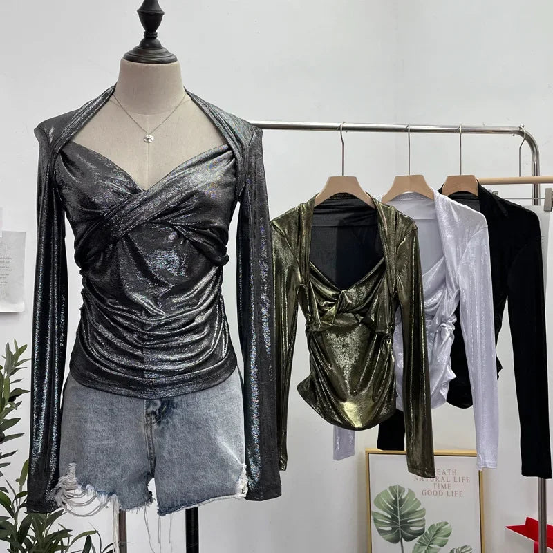 Pydshop Women's Sexy Twist V-neck Pleated Slim Fit Long Sleeve Bottoming Shirt Casual PartyClub Streetwear Y2K Top Essential Outfits8989