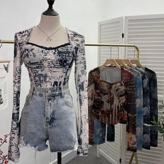 Pydshop Ladies Retro Elegant Square Neck Lace Spliced Tie Dye Mesh Long Sleeves Blouse Tight Hot Girl Short Top With Padded Breasts 1386