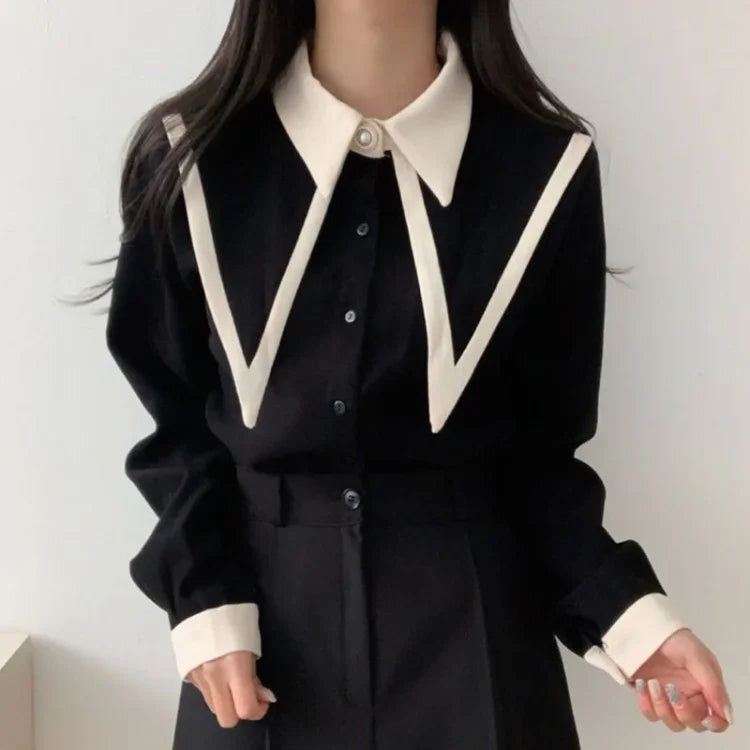 Pydshop Elegant Vintage Edge Piping Peaked Collar Shirts Women Spring Loose Puff Sleeve Blouses Simple Single Breasted Tops