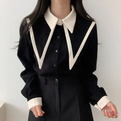 Pydshop Elegant Vintage Edge Piping Peaked Collar Shirts Women Spring Loose Puff Sleeve Blouses Simple Single Breasted Tops