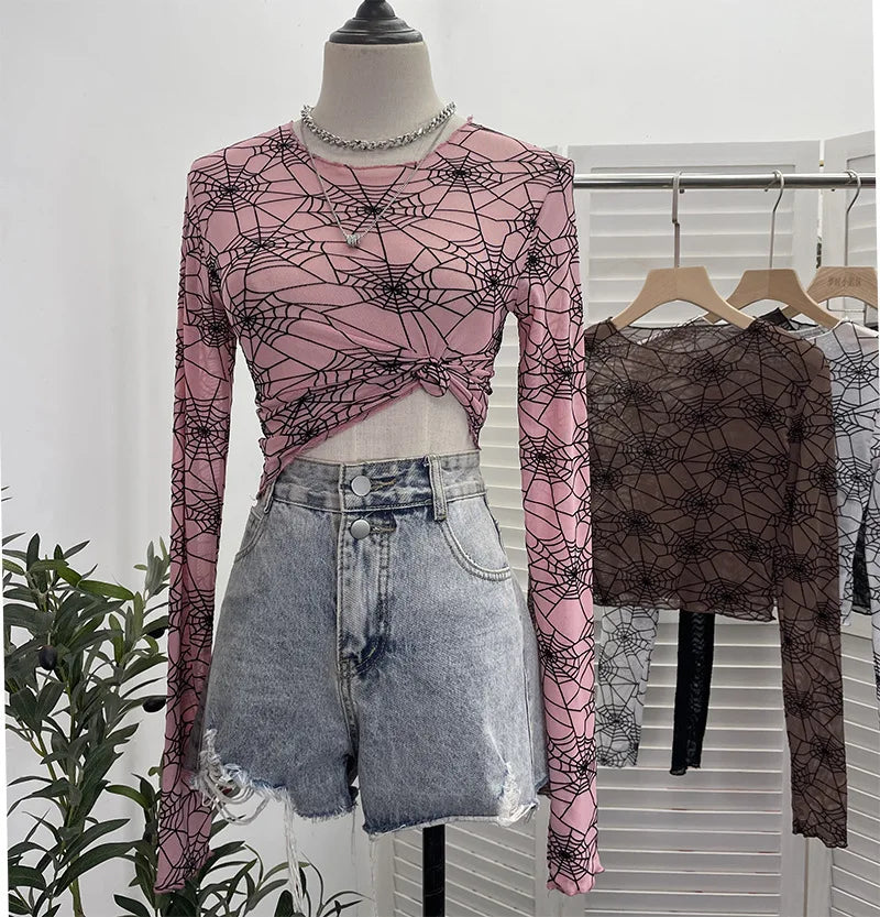 Pydshop Spider Print Mesh See Through Bottoming  Long Sleeve T-shirt Dark Hot Girl Slim Short Top y2k PartyClub Wear Daily Essential9908