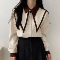 Pydshop Elegant Vintage Edge Piping Peaked Collar Shirts Women Spring Loose Puff Sleeve Blouses Simple Single Breasted Tops