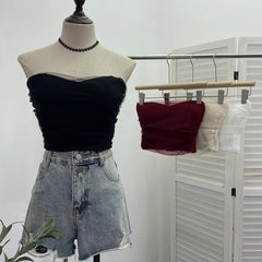 Pydshop Ladies Sexy Thai Hot Girl Mesh Splicing Chest Wrap Sleeveless Top Short Navel Baring Slim Tube Top With Breast Pads 8865 Outfits