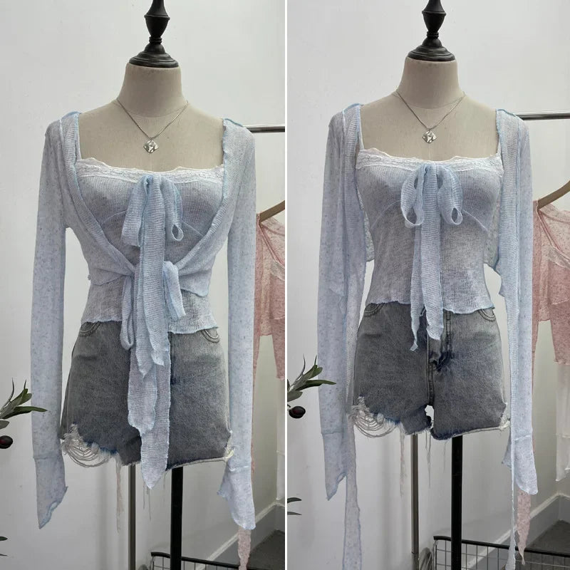 Pydshop Ladies Hottie Lace Bow Lace Up Camisole Short Irregular Streamer Long Sleeve Cardigan Top Knitted Two-Piece Set Y2K Sweety Top