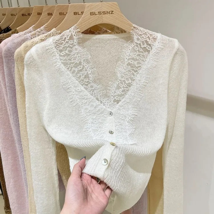 Pydshop Sexy White V-neck Lace Knitted Tops Women 2024 Spring Autumn New Bottoming Cardigan Y2k Slim Fit Long Sleeve Sweaters Mujer