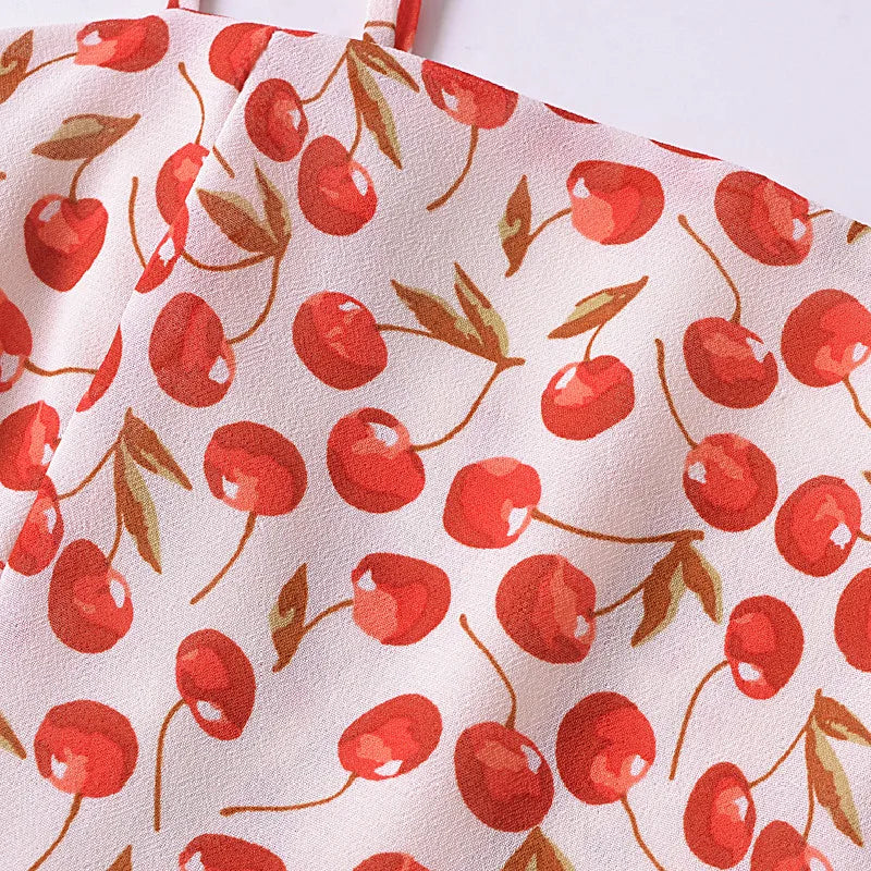 Pydshop Cherry Print Slash Collar Elastic Back Tank Top