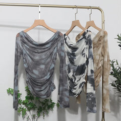 Pydshop Retro Tie Dye Pleated One Shoulder Long Sleeved T-shirt For Women Summer Sexy See Through Mesh Irregular Top y2k PartyClub Wear