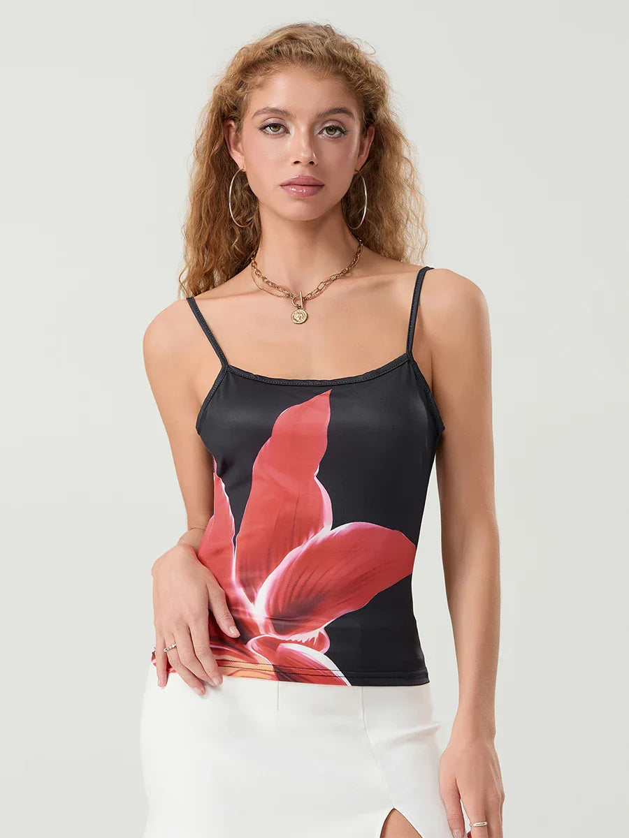 Pydshop Y2k Vintage Women's Summer Cami Tops Sleeveless Low Cut Flower Print Fitted Vest for Party