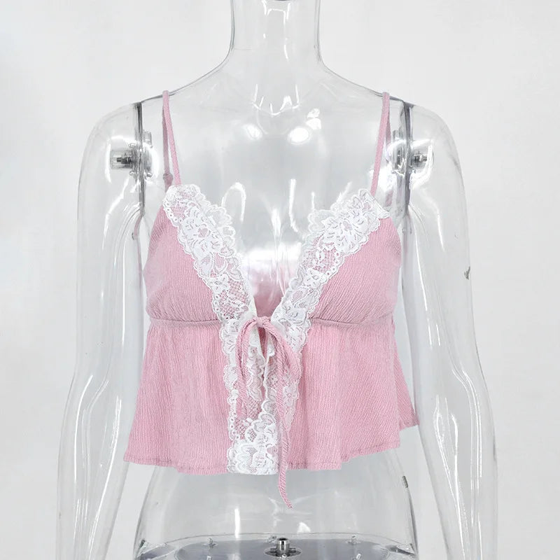 Pydshop Lace Bandage Camisole For Women Stitching Sexy Plunge Backless Hot Girl Y2K Summer Fashion Female Strap Short Crop Top