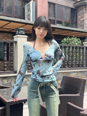 Pydshop American Style Blue Tie Dye Mesh Print T-shirts Sexy Slim Fit Hollow Out Tee Shirt Y2k Long Sleeve Sun Protection Tops Women