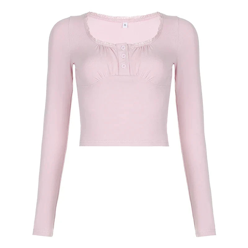 Pydshop 2024 Fashion Woman tops y2k style Sweet Pink Skinny Buttons Crop Top