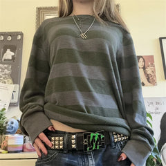 Pydshop Women's Y2k Grunge Striped T-Shirt Contrast Color Long Sleeve Round Neck Waffle Casual Pullover Tops Emo Girl Clothes Streetwear