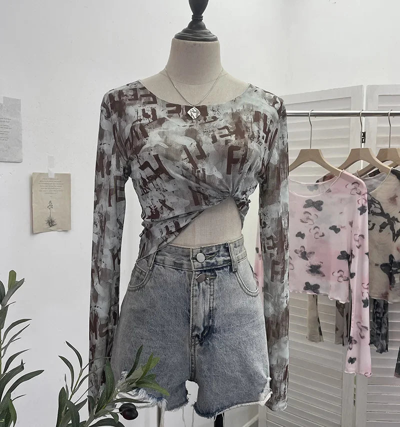 Pydshop Women's Vintage Tie Dye Print Long Sleeve T-Shirt Hot Girl Sexy See Through Mesh Bottoming Short Crop Top 2612 Party Essential