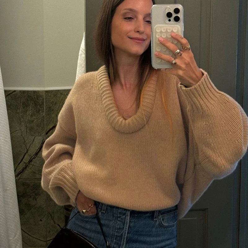 Pydshop Fashion Casual Round Knit Sweater For Women Solid Color Loose Autumn 2024 New Pullovers Long Sleeve Female Knitted Top